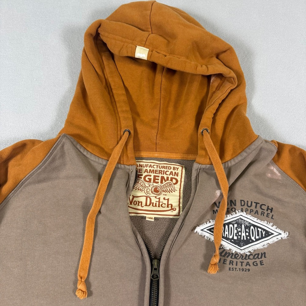 Von Dutch Mens Full Zip Hoodie Brown Orange Raglan Fleece Sweatshirt 3XL